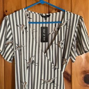 Yak & Yeti wrap dress with crane/stripe print